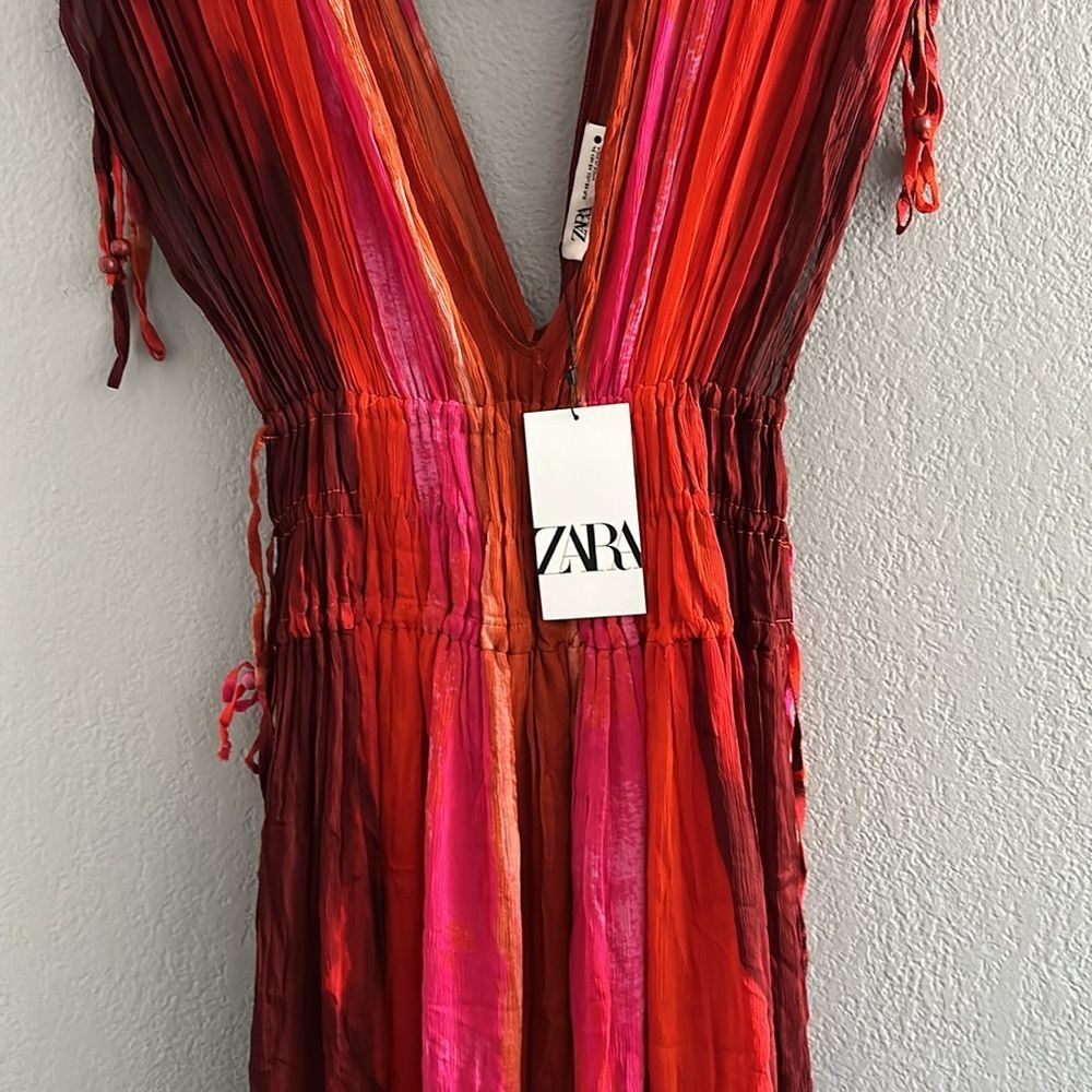 NWT ZARA Plunge V-Neck Beaded Sleeveless Tie Dye Maxi Dress